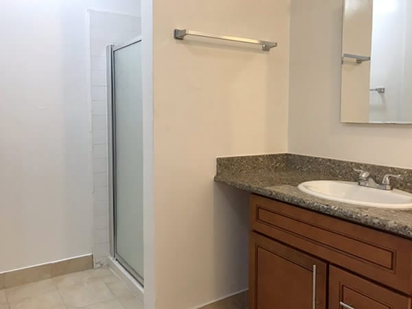 Studio apartment bathroom sink and shower